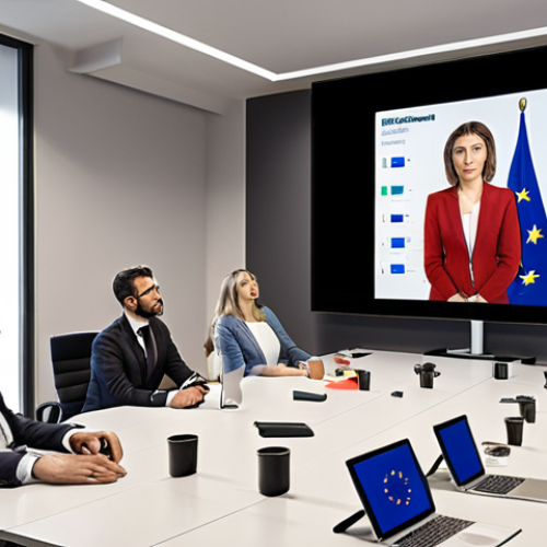 **

"A modern Italian office. Business meeting in progress with diverse people. A presentation screen displays the EU flag and a lock icon, emphasizing data security and GDPR compliance. The atmosphere is professional and collaborative."

**