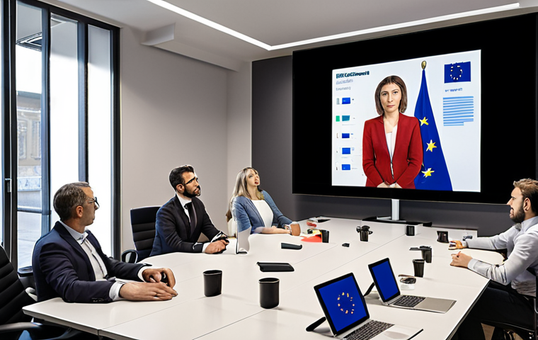 **
"A modern Italian office. Business meeting in progress with diverse people. A presentation screen displays the EU flag and a lock icon, emphasizing data security and GDPR compliance. The atmosphere is professional and collaborative."
**