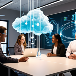 A group of diverse professionals, actively collaborating and brainstorming around a luminous, abstract cloud infrastructure. The scene emphasizes human connection, continuous learning, and a forward-thinking mindset in digital transformation. Elements like glowing network lines, data streams, and subtle growth charts are integrated, conveying a sense of progress driven by shared knowledge and cultural change within a modern office setting.