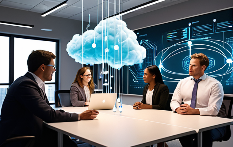 A group of diverse professionals, actively collaborating and brainstorming around a luminous, abstract cloud infrastructure. The scene emphasizes human connection, continuous learning, and a forward-thinking mindset in digital transformation. Elements like glowing network lines, data streams, and subtle growth charts are integrated, conveying a sense of progress driven by shared knowledge and cultural change within a modern office setting.