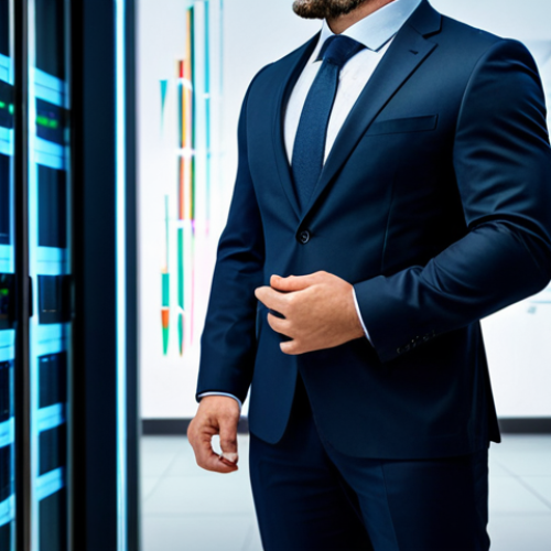 A focused Italian professional in a sleek, modern business suit, standing confidently and interacting with an abstract holographic interface displaying dynamic data streams and growth charts. The background is a bright, high-tech modern data center interior with subtle glowing server racks, conveying an atmosphere of innovation and efficiency. Professional photography, high resolution, realistic, perfect anatomy, correct proportions, natural pose, well-formed hands, proper finger count, natural body proportions, fully clothed, modest clothing, appropriate attire, professional dress, safe for work, appropriate content, professional.