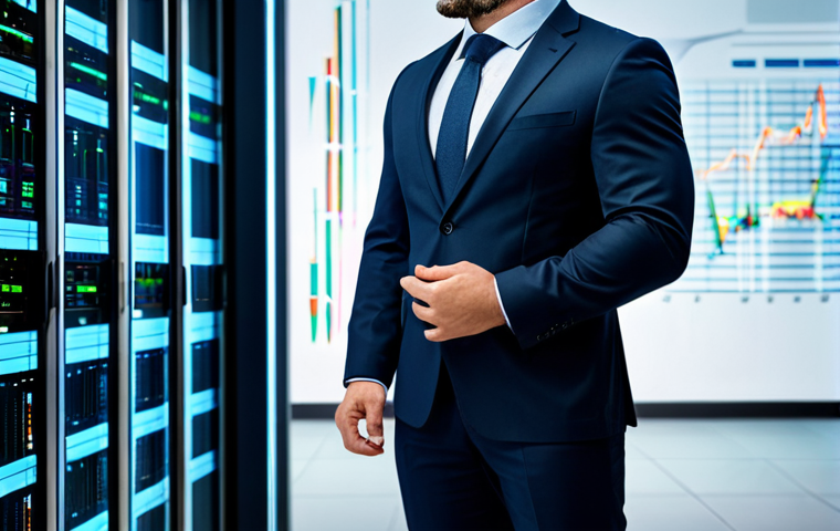 A focused Italian professional in a sleek, modern business suit, standing confidently and interacting with an abstract holographic interface displaying dynamic data streams and growth charts. The background is a bright, high-tech modern data center interior with subtle glowing server racks, conveying an atmosphere of innovation and efficiency. Professional photography, high resolution, realistic, perfect anatomy, correct proportions, natural pose, well-formed hands, proper finger count, natural body proportions, fully clothed, modest clothing, appropriate attire, professional dress, safe for work, appropriate content, professional.
