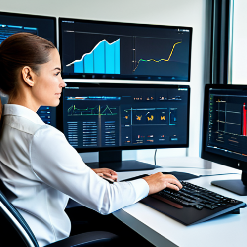 A focused data analyst, fully clothed in a modest professional suit, sits at a luminous workstation in a modern, sleek tech office. The large, interactive dashboard displays intuitive interfaces for resource management and automated workflows, with elegant data visualizations. The overall atmosphere emphasizes ease of use, technological advancement, and seamless efficiency. Safe for work, appropriate content, fully clothed, professional, perfect anatomy, correct proportions, natural pose, well-formed hands, proper finger count, natural body proportions, professional photography, high quality, professional dress.