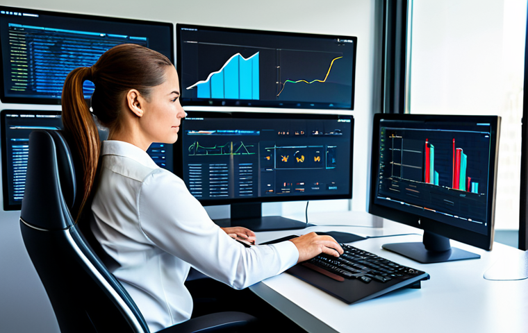 A focused data analyst, fully clothed in a modest professional suit, sits at a luminous workstation in a modern, sleek tech office. The large, interactive dashboard displays intuitive interfaces for resource management and automated workflows, with elegant data visualizations. The overall atmosphere emphasizes ease of use, technological advancement, and seamless efficiency. Safe for work, appropriate content, fully clothed, professional, perfect anatomy, correct proportions, natural pose, well-formed hands, proper finger count, natural body proportions, professional photography, high quality, professional dress.