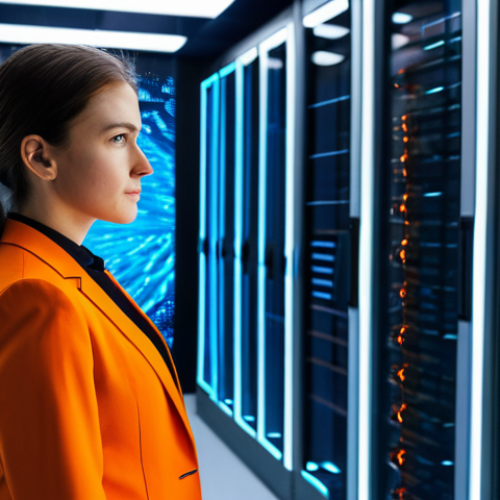 A professional female IT strategist, fully clothed in a modest business suit, stands in a modern, high-tech server room. She is looking at two large, glowing holographic projections; one is a vibrant orange representing AWS, and the other a sleek blue representing Google Cloud Platform, both displaying complex data structures. Her posture is natural, as if contemplating a strategic decision. The environment is clean, well-lit, and futuristic, emphasizing advanced technology. fully clothed, modest clothing, appropriate attire, professional dress, perfect anatomy, correct proportions, natural pose, well-formed hands, proper finger count, natural body proportions, safe for work, appropriate content, professional, family-friendly.
