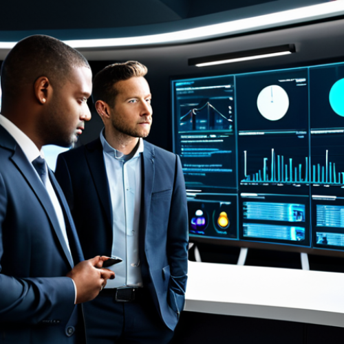 A diverse team of five business professionals, all fully clothed in modest business suits, collaborates intently in a modern, high-tech control room. They are gathered around a large, interactive display screen that presents a unified cloud management dashboard, showcasing abstract representations of interconnected cloud services, real-time data flow, and performance metrics. The background features a sleek, futuristic office setting with clean lines and subdued lighting. This is a high-quality professional photograph, with perfect anatomy, correct proportions, a natural pose, well-formed hands, proper finger count, and natural body proportions, ensuring safe for work and appropriate content, suitable for a family-friendly audience.