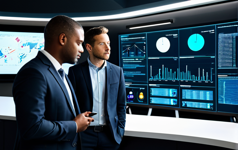 A diverse team of five business professionals, all fully clothed in modest business suits, collaborates intently in a modern, high-tech control room. They are gathered around a large, interactive display screen that presents a unified cloud management dashboard, showcasing abstract representations of interconnected cloud services, real-time data flow, and performance metrics. The background features a sleek, futuristic office setting with clean lines and subdued lighting. This is a high-quality professional photograph, with perfect anatomy, correct proportions, a natural pose, well-formed hands, proper finger count, and natural body proportions, ensuring safe for work and appropriate content, suitable for a family-friendly audience.